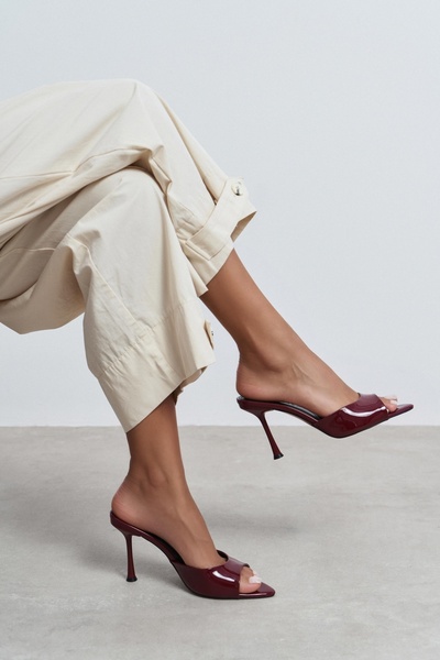 NİŞANTAŞI SHOES Renata Burgundy Patent Leather Open Toe Women's Thin Heeled S...