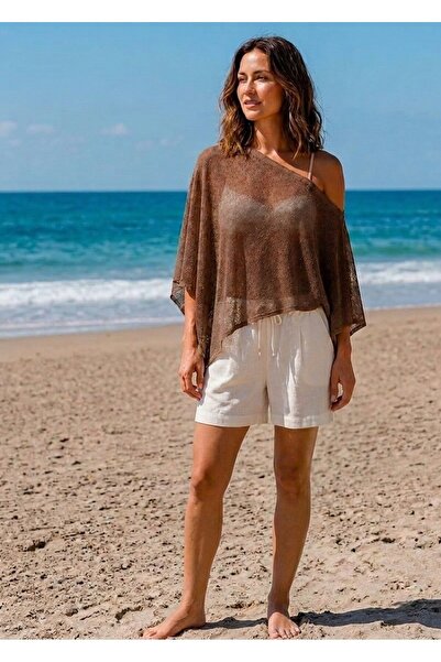 CebeTriko Women's Asymmetrical Transparent Knitwear Cape Shawl Poncho Top