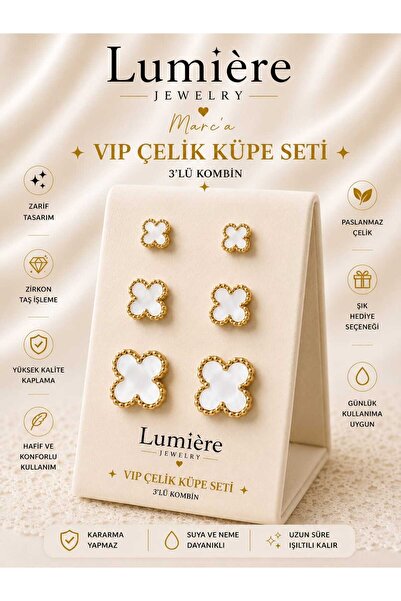 LUMİERE JEWELRY GOLD YONCA ÇELİK 3'KÜPE SETİ