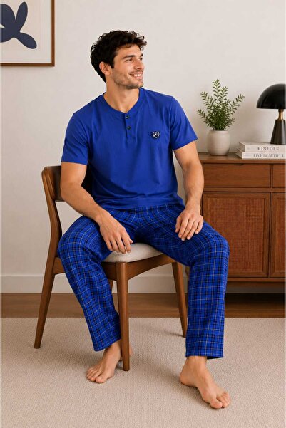 Tenra Men's 100% Cotton Short Sleeve Buttoned Collar Pajama Set