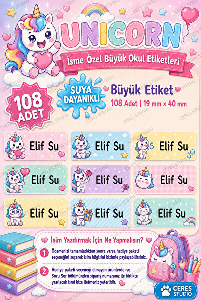 Ceres Studio Okul Etiketi Defter isimli Etiket Isim Yazılabilen Unicorn Temal...