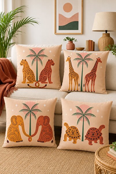 EVPANYA Palm Tree Animals Patterned 4-Piece Throw Pillow Cover Set