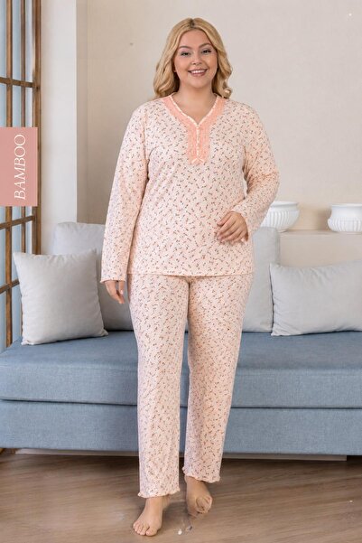 DERYA Women's Plus Size Lace Collar Bamboo Long Sleeve Slim Pajama Set 8109P ...