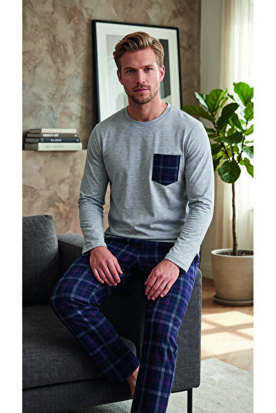 Ayans Pijama Combed Cotton Single Jersey (Thin) Checked Long Sleeve Men's Paj...