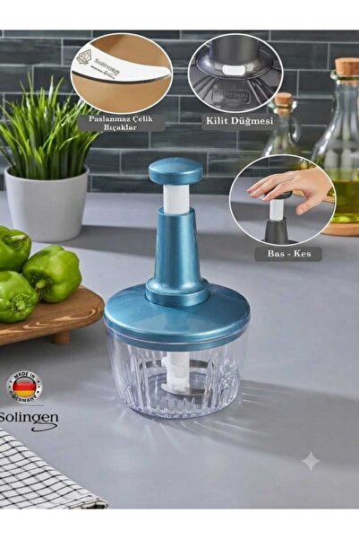 Solingen Bıçaklı Pratik Bas Kes El Rondosu - Paslanmaz Çelik Manuel Sebze Meyve Doğrayıcı Rondo (Kilit Mekanizmalı) 1500 Ml