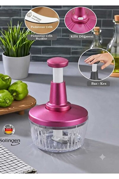 Solingen Bıçaklı Pratik Bas Kes El Rondosu - Paslanmaz Çelik Manuel Sebze Meyve Doğrayıcı Rondo (Kilit Mekanizmalı) 1500 Ml