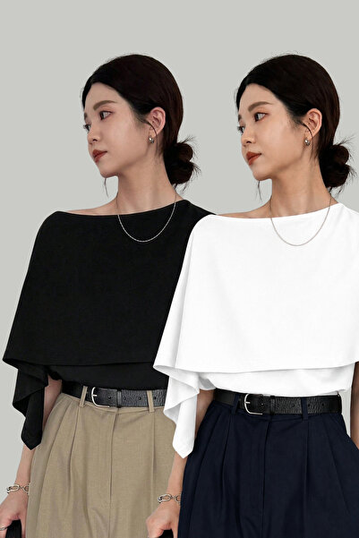 BLUE STREET Women's Set of 2 Black and White Trendy Blouses with Cape Detail