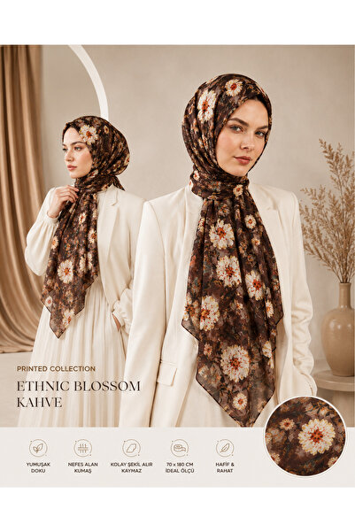 Sekine İpek Ethnic Blossom Coffee Digital Patterned Shawl