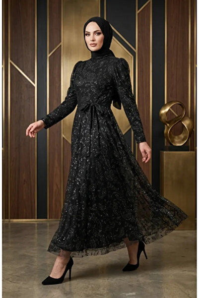 sefamerve Silvery Belted Hijab Evening Dress 5808-02 Black