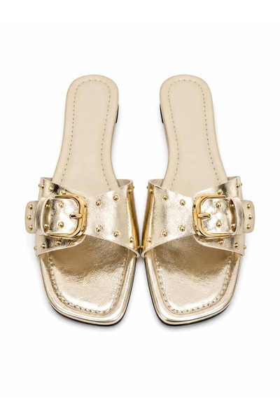 diclepolat Women's Gold Flat Sole Slippers with Buckle Usira