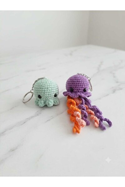 El Örgüsü Amigurumi Ahtapot ve Denizanası 2'li Anahtarlık Seti -Çanta Süsü Hediyelik
