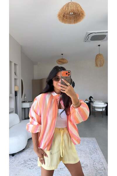Buket Teke Soft Orange Pink Striped Zr Model Jacket
