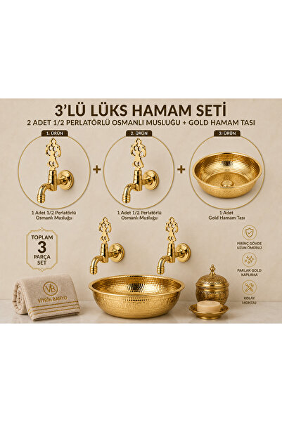 vb vitrinbanyo 2 Adet 1/2 Perlatörlü Osmanlı Musluğu Gold + Gold Hamam Tası 3...