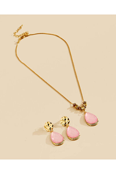 REDTAG Pink Teardrop Pendant Necklace and Drop Earring Set Of 2