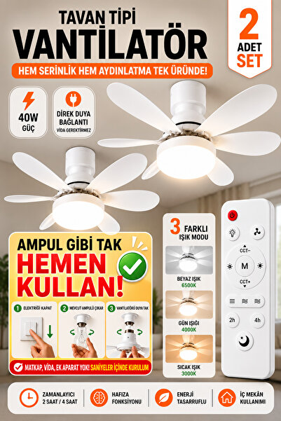 Kasliva 2’li Set LED Işıklı Tavan Tipi Vantilatör - Duya Takılan Uzaktan Kuma...