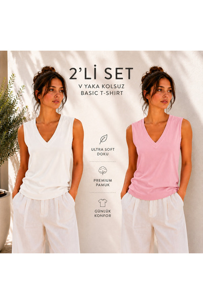 Hayalet Kadın V Yaka Kolsuz T-Shirt Ultra Soft Basic Bluz - Loose Fit/Bol Kesim