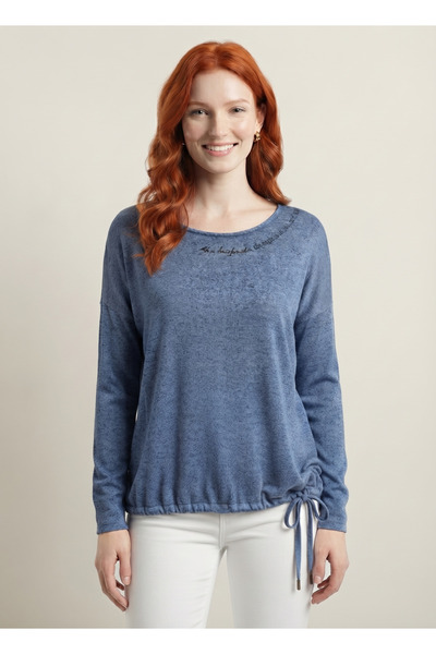 Neden Tekstil Women's Blue Knitwear Blouse with Elastic Gather Detail