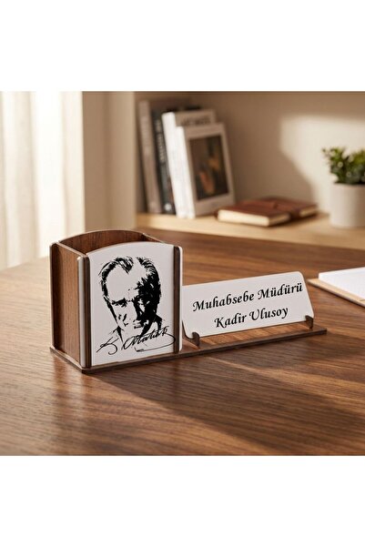 gifttime Atatürk Silüetli Kişiye Özel Ahşap Masa İsimliği ve Kalemlik - Ofis ...