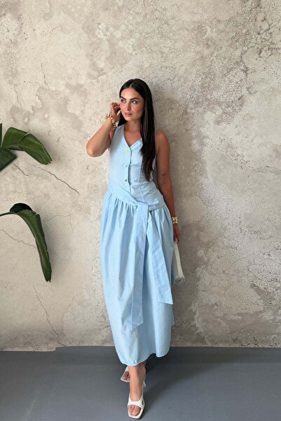 Elbee Fashion Woman فستان أزرق بحزام جانبي وتفاصيل أزرار