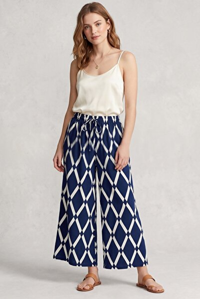 hadiora Women's Saks Blue White Patterned Wide Leg Trousers - High Waist Atla...