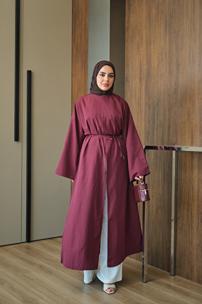 LOCCO Women's Back Zipper Detail Waist Tie Long Tunic Burgundy