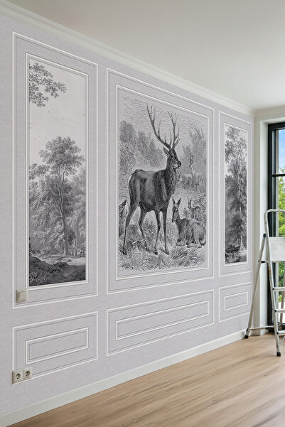 dreamwall Geyik Figürlü Siyah Beyaz Gravür Sanatı ve Çıta Desenli Tek Parça T...