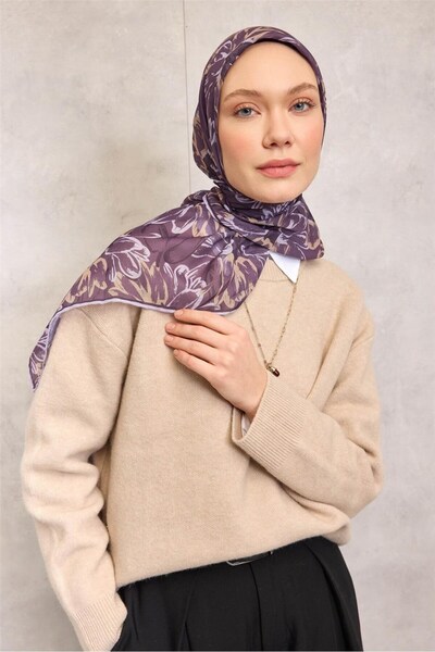 Silk Home Cotton Polyester Scarf Purple-Lilac Gold Botanical Patterned Soft T...
