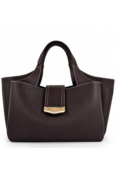 Evident Brown Lock Detailed Soft Textured Multi-Compartment Women's Handbag and Crossbody Shoulder Bag