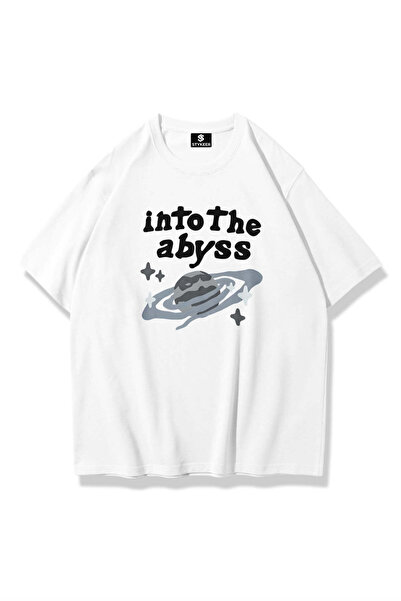 STYKEER Unisex Oversized T-Shirt "Into the Abbys" Printed Loose Fit White T-S...