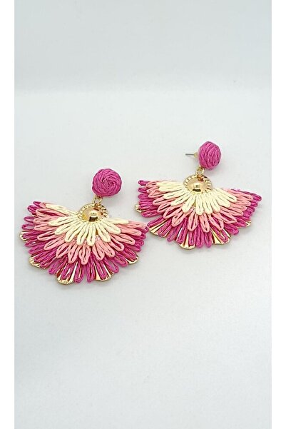 ndjewelry أقراط روزالي الوردية على شكل مروحة من الخوص