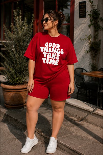Rubonia Plus Size Women Men Oversize Shorts Set Good Things Take Time Printed Cotton 2-Piece Summer Casual Unisex Tracksuit XL 2XL 3XL 4XL 5XL 6XL 7XL 8XL