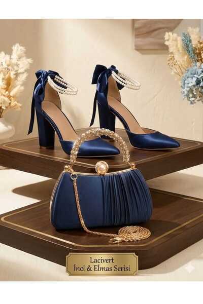 beeyzi moda مجموعة أحذية وحقائب سهرة بكعب عالٍ باللون الأزرق الداكن