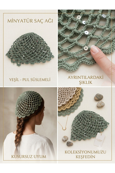 Elessar El Yapımı Pul Süslemeli Örgü Saç Ağι / Yazlık File Bere & Saç Aksesuarı