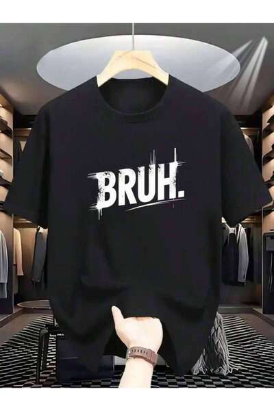 799 قميص أبيض بأكمام قصيرة مع نمط BRUH، مناسب للارتداء اليومي
