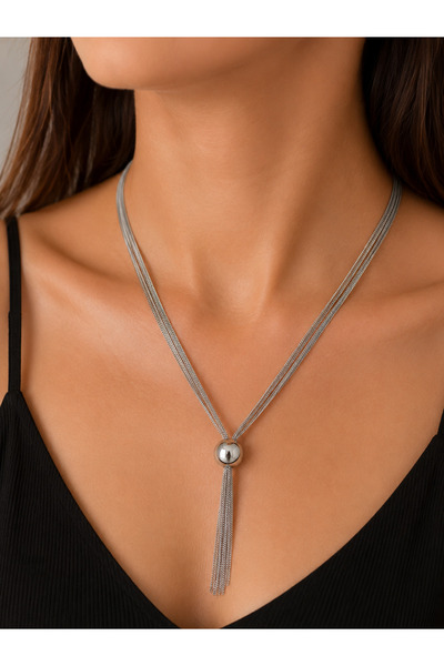 Bymiel Women's Silver Color Multi-Row Chain Tassel Detailed Adjustable Necklace