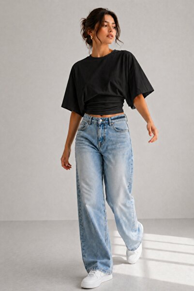 bayansepeti Women's Black Crop T-Shirt with Batwing Sleeves and Waist Detail ...