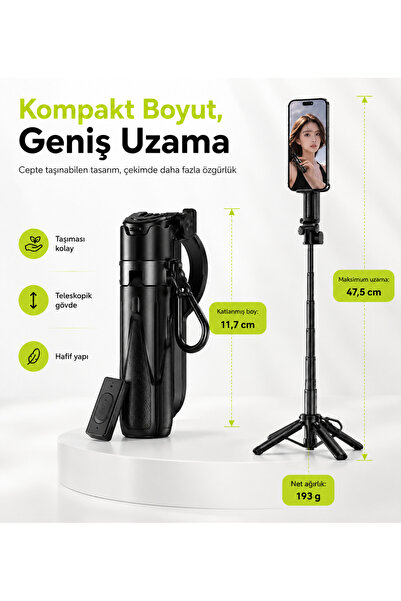 Hil Tech Eminönü Toptan Elektronik Bluetooth 5.2 Selfie Çubuğu ve Tripod 47,5 cm Teleskopik Uzaktan Kumandalı Manyetik Telefon Tutucu Type-C Şarjlı