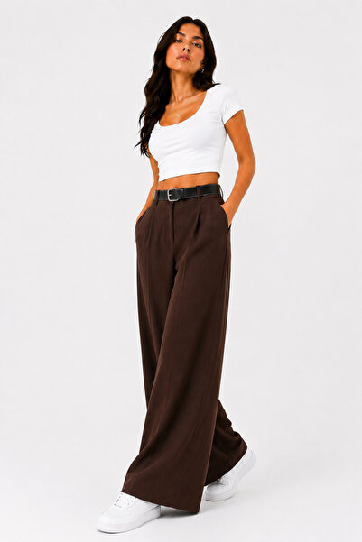 LAVİNİM Women's Pearl Palazzo Oversize Wide Cut Flowy Lycra Pants with Belt