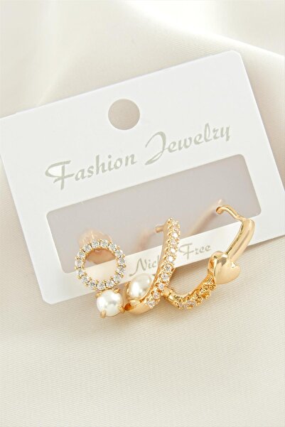 ZERO LAND Ilkestor 3 Pieces Heart Pearl Zircon (145526) Stone Earrings-Yellow