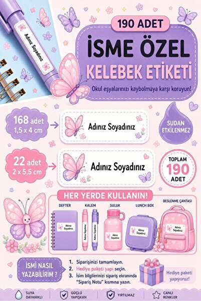 WALLHUMAN 190 Adet İsme Özel Kelebek Okul Etiketi Seti – Suya Dayanıklı İsim ...