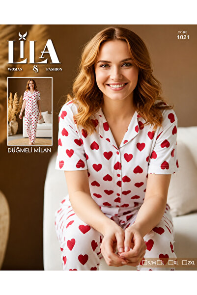 Woman Kalp Desenli Önden Düğmeli Kadın Yazlık Pijama Takımı