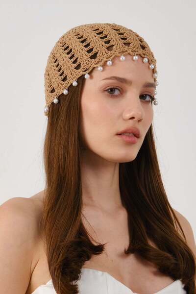 C&City Pearl Detailed Perforated Summer Knitted Beanie Y8252 Light Brown
