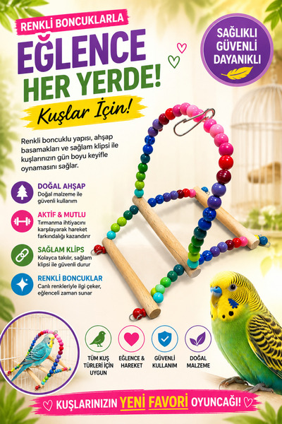 Petshop Muhabbet Kuşu ve Papağan İçin Ahşap Boncuklu Salıncak Oyuncağı Kafes ...