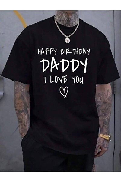 799 تي شيرت رجالي أسود 100% قطن بطباعة "Happy Daddy I Love You" لعيد الأب، قم...