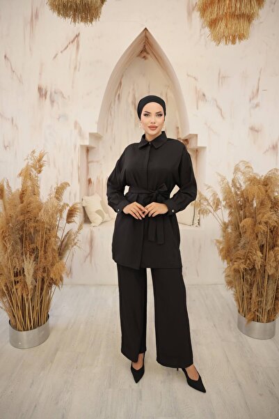 Bwest طقم كتان مزدوج - أسود