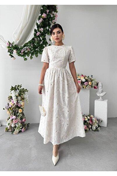 conconmoda Ekru Fisto Nakışlı Uzun Elbise Kadın Yazlık Astarlı Kısa Kollu Mid...