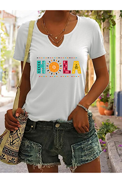 Deocept Women's Hola Printed Half V-Neck Sleeves Regular Fit Comfortable T-Shirt