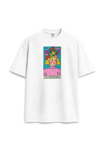 Darkia Overthinker Card Retro Printed Design Relax Fit White T-Shirt