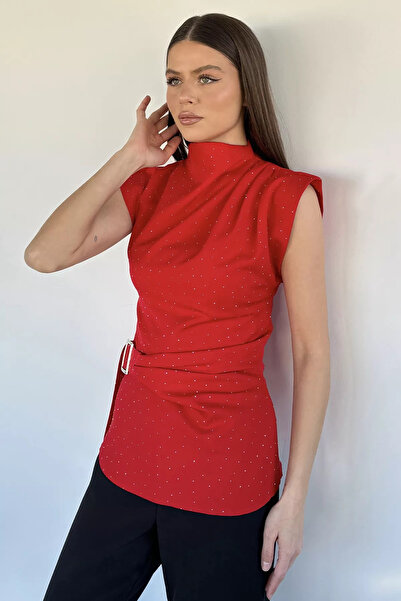 Aryena Red Women's Blouse with Stone Belt Detail