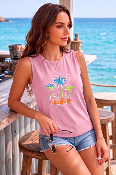 BW Bravely Wear تي شيرت نسائي بدون أكمام مطبوع عليه SURF FOR LIFE (بدون أكتاف)